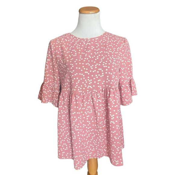 Womens Shein All Over Hearts Print Flutter Babydoll Sleeve Top - Sz S - Picture 1 of 3